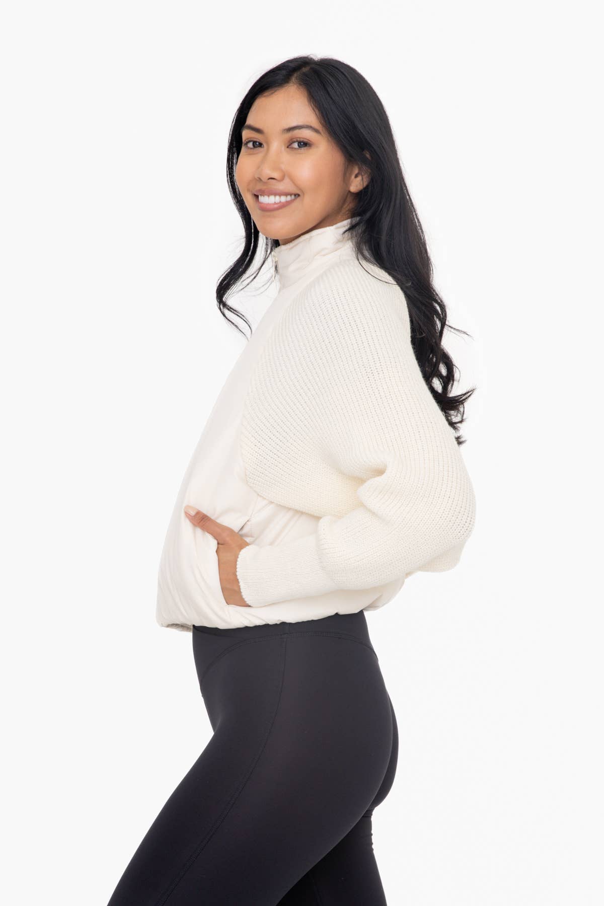 Nylon-Trim Padded Hybrid Zip Sweater