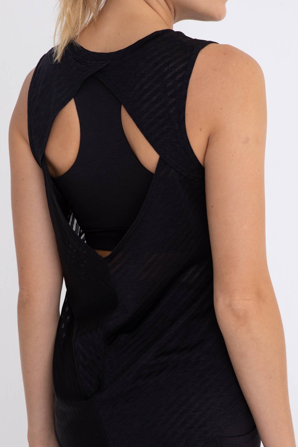 Sheer Striped Mesh Active Tank with Cut-Out Back