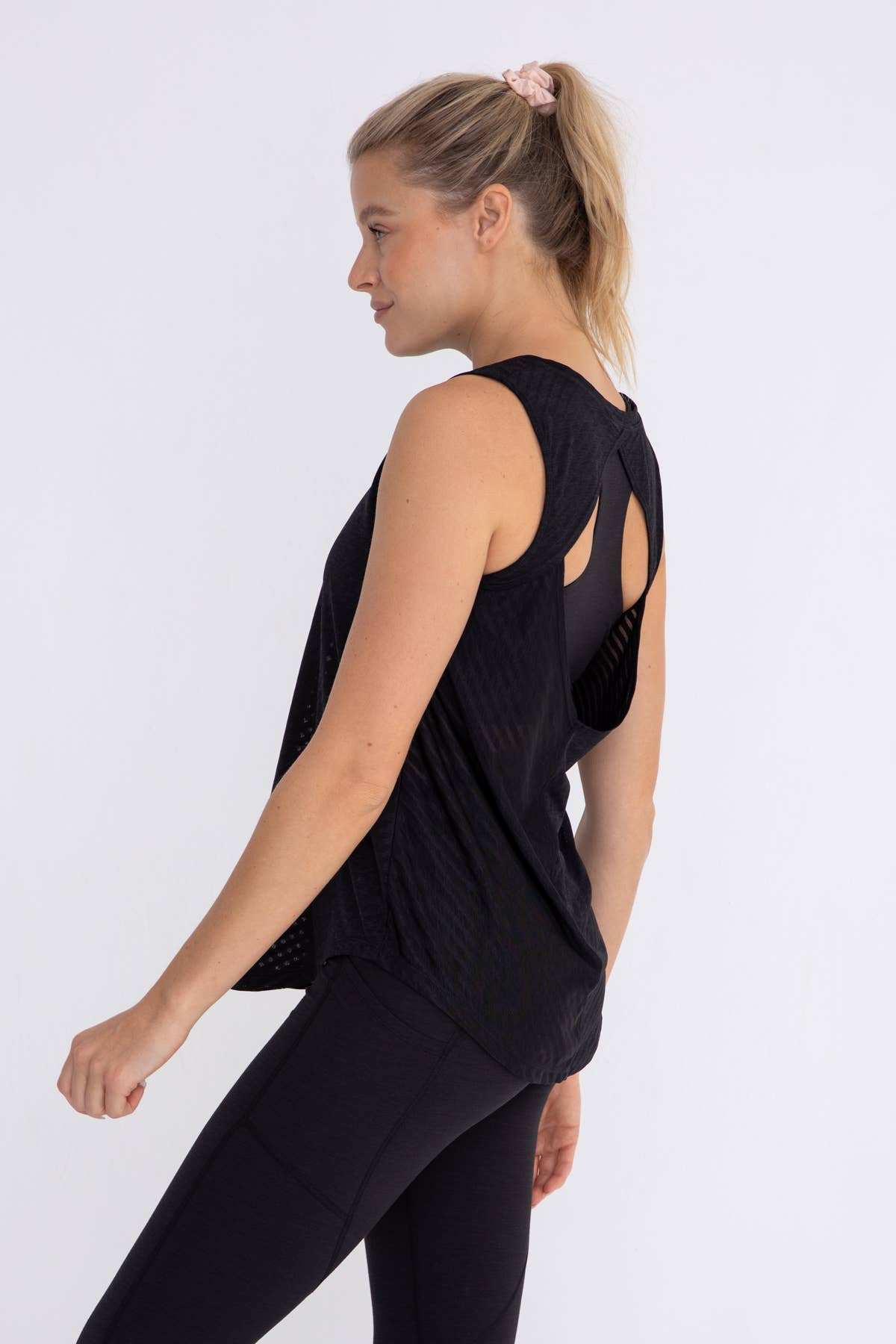 Sheer Striped Mesh Active Tank with Cut-Out Back